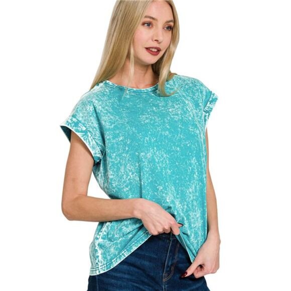 Zenana Crinkle Washed Round Neck Folded Short Sleeve Tee - Picture 1 of 4